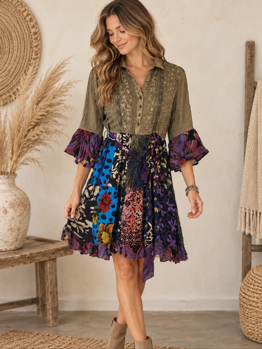 472.Young Threads Boho Patchwork Floral Shirt Dress in Olive & Purple